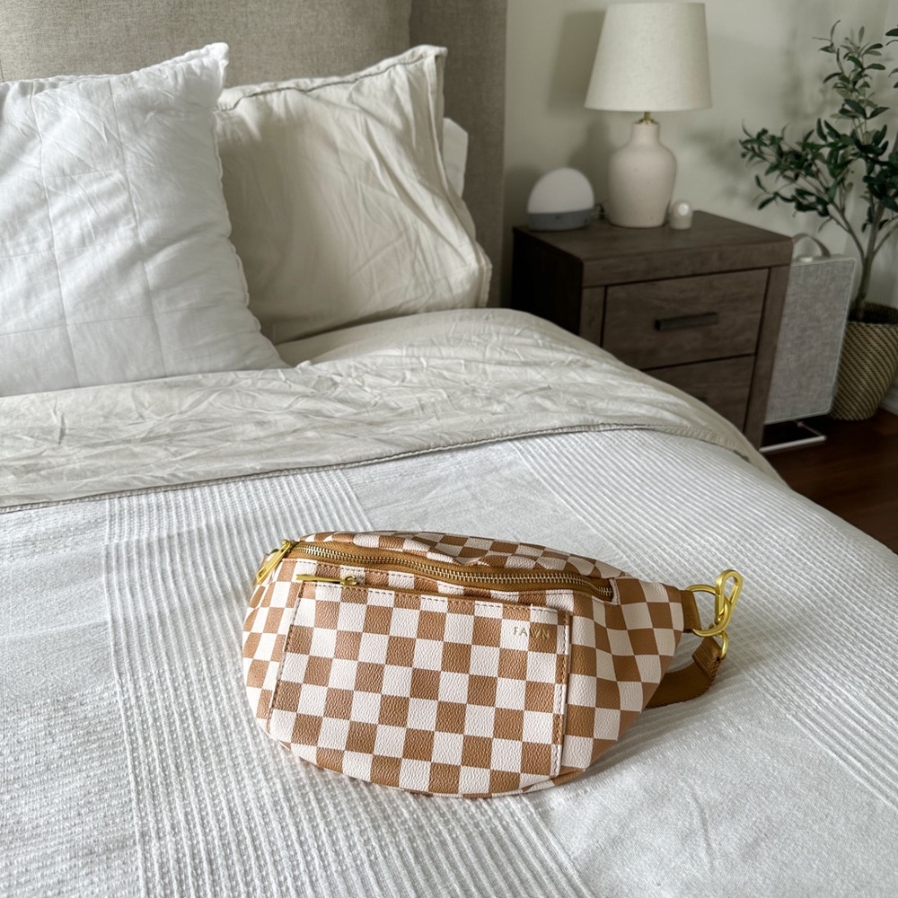 Fawn Design Tan and White Checkered Crossbody Bag
